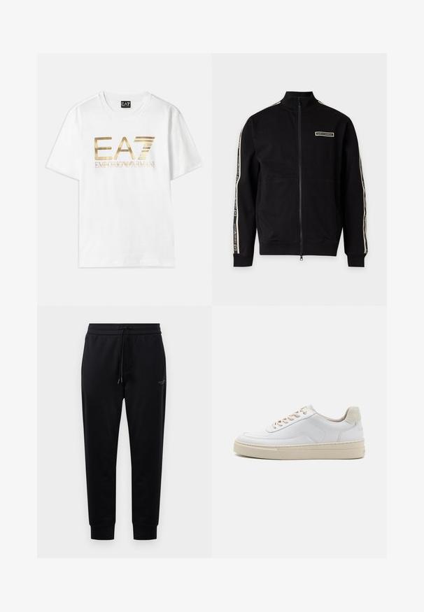 Chaqueta negra con cremallera completa y cuello alto, parche blanco con el logo en el pecho y rayas blancas con marca que recorren ambas mangas.; Camiseta de algodón blanca con un gran logo metálico dorado "EA7" y el texto "EMPORIO ARMANI" debajo, con mangas cortas y cuello redondo.; Pantalones de chándal negros con cintura ajustable, bolsillos laterales y puños acanalados. Hechos de una tela suave, con un sutil detalle del logo en el muslo.; Zapatilla blanca con parte superior de cuero suave, cordones beige y un tirador de talón de ante beige texturizado. Suela elevada para mayor altura.