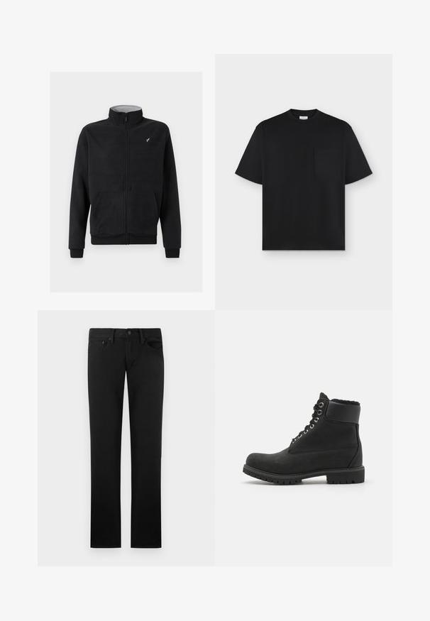Schwarze Fleece-Übergangsjacke mit Reißverschluss, hohem Kragen, Seiten- taschen, gerippten Bündchen und dezentem Logoakzent auf der Brust. Weiche Textur.; Schwarzes T-Shirt mit kurzen Ärmeln und Rundhalsausschnitt sowie einer linken Brusttasche, gezeigt auf grauem Hintergrund.; Schwarze Jeans mit geradem Bein, fünf Taschen, Gürtelschlaufen und einem Knopfverschluss in der Taille, vor einem einfachen Hintergrund präsentiert.; Schwarze Knöchelstiefel aus Wildleder mit Gummisohle, ausgestattet mit metallischen Ösen, Schnürsenkeln und einem weichen Kunstfellkragen am oberen Rand.