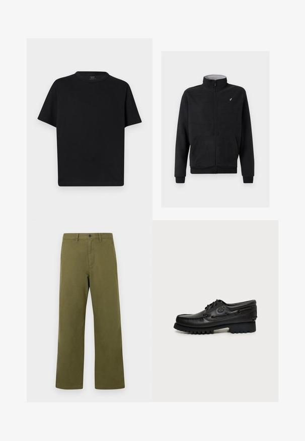 Veste zippée en polaire noire avec col montant, poches latérales, poignets côtelés et un logo discret sur la poitrine. Texture douce.; T-shirt noir à manches courtes avec col rond, coupe classique, présenté à plat sur un fond clair.; Pantalon vert olive en coton, doté d'une coupe droite, d'une fermeture à bouton sur le devant et de passants pour ceinture. Style minimaliste sans motifs.; Chaussure bateau en cuir noir à lacets, semelle épaisse à crampons, design moc toe et logo embossé sur le côté.
