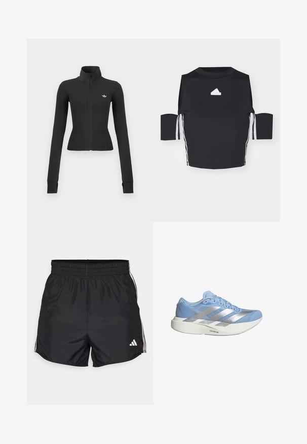 Schwarz geschnittene Jacke mit Reißverschluss, hohem Kragen, langen Ärmeln mit Daumenlöchern und kleinem weißen Adidas-Logo auf der linken Brust.; Schwarzes Sporthemd mit kurzen Ärmeln aus glattem Stoff, mit weißem Adidas-Logo und drei weißen Streifen an den Seiten.; Schwarze Sportshorts mit elastischem Bund, seitlichen Schlitzen und weißen drei Streifen Akzenten. Enthält ein kleines weißes Logo auf der unteren rechten Seite.; Hellblaue Sportschuh mit einem atmungsaktiven Mesh-Obermaterial, silbernen Akzenten und einer weißen Zwischensohle, die mit "LIGHTSTRIKE PRO" beschriftet ist. Verfügt über ein elegantes, niedriges Design.