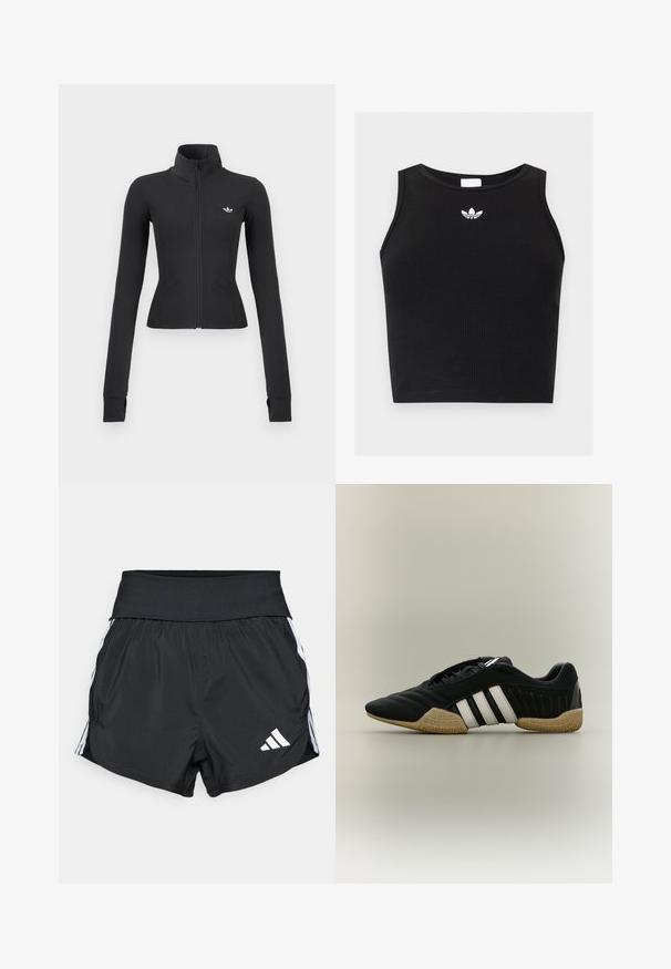Veste noire slim zippée avec col montant, manches longues avec trous pour les pouces, et petit logo blanc Adidas sur la poitrine gauche.; Crop top noir côtelé sans manches avec encolure ronde et petit logo blanc Adidas trefoil centré près du col.; Shorts de sport noirs en matériau léger, avec une large taille élastique, des bandes blanches sur les côtés et un petit logo blanc en bas de l'ourlet.; Chaussure de sport noire avec des bandes blanches et une semelle beige texturée sur un fond neutre, vue de profil.