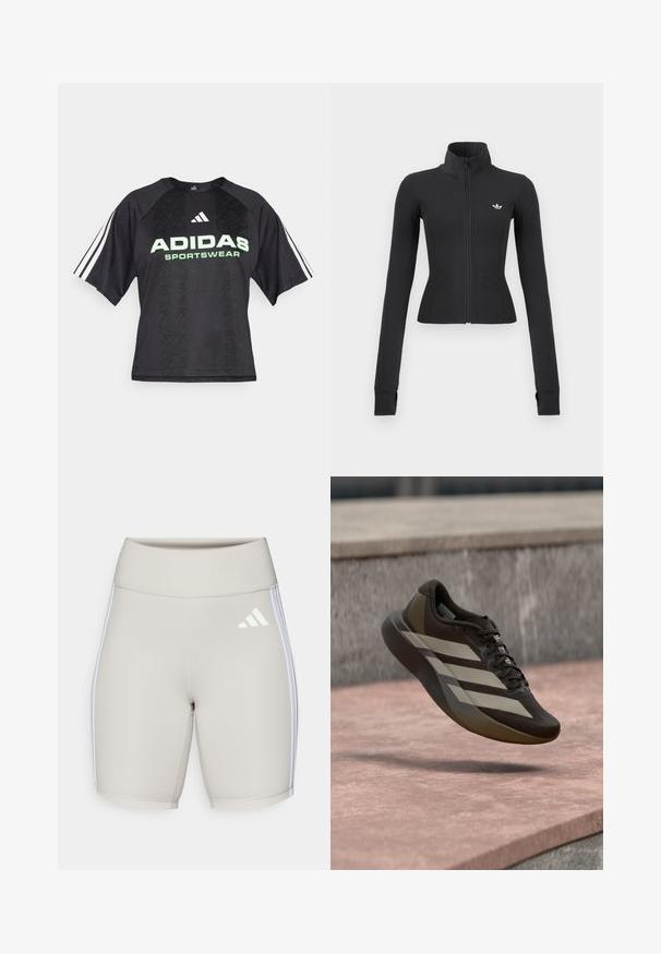 Schwarz geschnittene Jacke mit Reißverschluss, hohem Kragen, langen Ärmeln mit Daumenlöchern und kleinem weißen Adidas-Logo auf der linken Brust.; Schwarzes Sportshirt mit einem strukturierten Muster, ausgestattet mit einem grünen "ADIDAS SPORTSWEAR"-Logo und drei weißen Streifen an jedem Ärmel.; Beige Sportshorts mit hohem Bund, glatter Textur, drei weißen Streifen an den Seiten und einem kleinen weißen Logo auf der Vorderseite.; Brauner Laufschuh mit einer strukturierten Oberseite, breiten weißen Streifen, schwarzen Schnürsenkeln und einer glatten Sohle, in schwebender Position dargestellt.