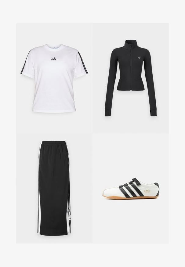 Schwarz geschnittene Jacke mit Reißverschluss, hohem Kragen, langen Ärmeln mit Daumenlöchern und kleinem weißen Adidas-Logo auf der linken Brust.; Weißes Baumwoll-T-Shirt mit Rundhalsausschnitt, kurzen Ärmeln und schwarzen drei Streifen-Akzenten auf den Schultern sowie einem Adidas-Logo auf der Brust.; Schwarzer langer Sportrock mit weißen Seitenpaneelen und schwarzen Streifen, elastischem Taillenbund und Adidas-Logo-Patch nahe dem Saum.; Weißer Adidas-Tokyo-Sneaker mit schwarzen Streifen, schwarzen Klettverschlüssen und Gummisohle, seitlich auf weißem Hintergrund dargestellt.