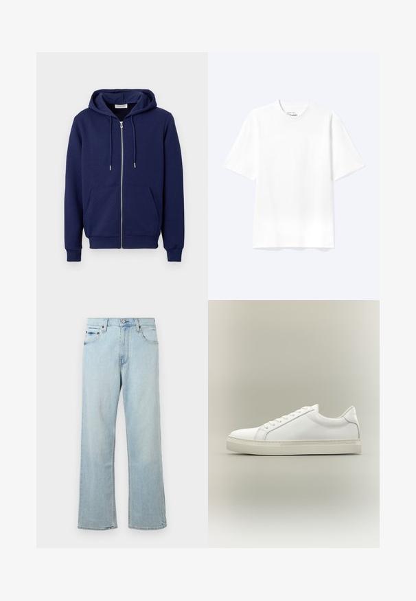 Marineblaue gesteppte Kapuzenjacke mit Reißverschluss, Fronttaschen, Kordelzug an der Kapuze, gerippten Bündchen und Bund vor weißem Hintergrund.; Schlichtes weißes T-Shirt mit kurzen Ärmeln und Rundhalsausschnitt in entspannter Passform, auf hellem Hintergrund dargestellt.; Hellblaue Denim-Jeans mit einem lockeren, weit geschnittenen Design. Verfügt über fünf Taschen, Gürtelschlaufen und einen Reißverschluss mit Knopfverschluss.; Weißer Sneaker mit niedrigem Schaft, vorn mit Schnürung und dicker Sohle, aus der Seitenansicht vor neutralem Hintergrund.