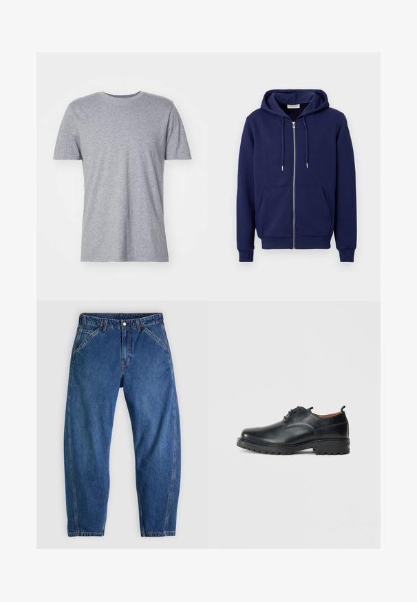 Marineblauwe gewatteerde zip-up hoodie met voorzakken, capuchon met trekkoord, geribbelde manchetten en tailleband op een effen witte achtergrond.; Grijze, korte mouwen t-shirt gemaakt van een katoenmix, met een klassieke ronde halslijn en een gladde, zachte textuur.; Blauwe spijkerbroek met een ontspannen pasvorm, voorzien van een knoopsluiting, vijf zakken en contrasterende oranje stiksels. Gladde textuur over het hele oppervlak.; Zwarte leren derby schoenen met een gladde textuur, ronde neus, vetersluiting en een dikke, robuuste rubberen zool.