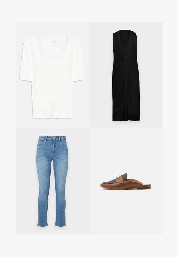 Zwarte mouwloze jurk met een V-hals, verticale geribbelde structuur, knoopsluiting en zijsplitten voor bewegingsvrijheid.; Witte T-shirt met korte mouwen en een ronde hals. Gemaakt van zacht katoen, heeft het een comfortabele pasvorm en een minimalistisch ontwerp.; Lichtblauwe denimjeans met een slanke pasvorm, middelhoog taille, vijf pockets design en subtiele vervaging op de dijen, voorzien van gestikte accenten.; Bruine leren instapschoen met grijze stoffen bovenzijde en gouden decoratieve gesp, lage hak, zijaanzicht op witte achtergrond.