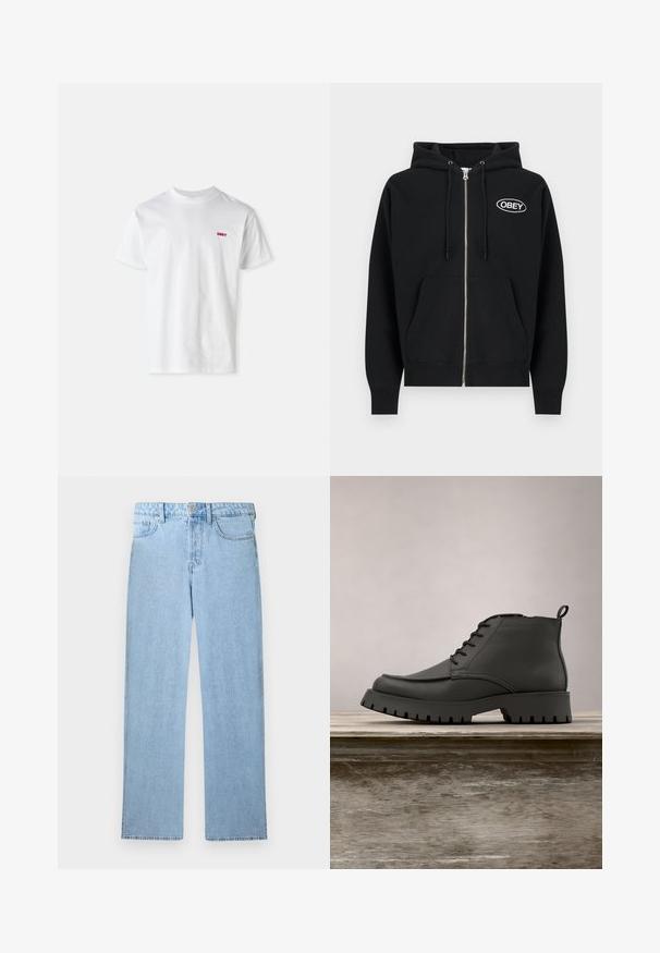 Sort lynlåshoodie lavet af bomuld, med en forlommer, snøre i hætten og "OBEY" logo broderet i hvidt på brystet.; Hvid bomulds tshirt med rund hals og korte ærmer, prydet med et lille rødt "OBEY" logo på venstre bryst.; Lyseblå høj talje lige ben denim jeans med forreste knap, lynlås lukning og fem-lomme design på hvid baggrund.; Sorte læder ankelstøvler med rund tå, snørebånd og en tyk, robust sål med dybe riller. Hævet på en træoverflade.