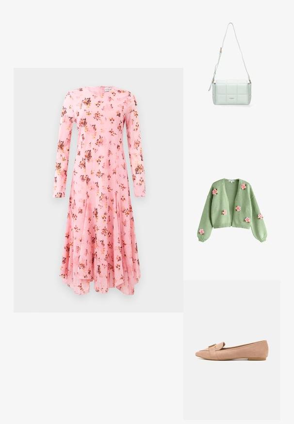 Lichtgroene gebreide cardigan met roze en oranje geborduurde bloemen verspreid over de voorkant en mouwen, open voorkant ontwerp met geribbelde manchetten en zoom.; Langschildige roze jurk met bloemenprint, met een ronde halslijn en een uitlopende zoom. Lichtgewicht stof met een zachte textuur.; Lichtroze suède ballerina's met een spitse neus, voorzien van een omslagdetail en een goudkleurige gesp als accent. Lage, platte zool. Gladde textuur.; Witte rechthoekige gewatteerde schoudertas met verstelbare riem en klein gouden logo "DIANA&CO FIRENZE" op het midden van de voorkant.