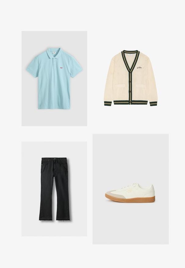 Cardigan en maille crème avec bordure vert foncé et beige, boutonnage devant, deux poches, et "Les Deux" brodé sur la poitrine gauche.; Polo bleu clair à manches courtes avec trois boutons et petit logo rouge Levi’s sur la poitrine gauche sur fond blanc.; Jean en denim noir avec jambes droites, poches avant et ourlets bruts effilochés, posé à plat sur un fond clair.; Baskets en cuir blanc avec une coque beige et une semelle en caoutchouc marron clair. Dotées de lacets blancs plats et d'un logo embossé sur le côté.
