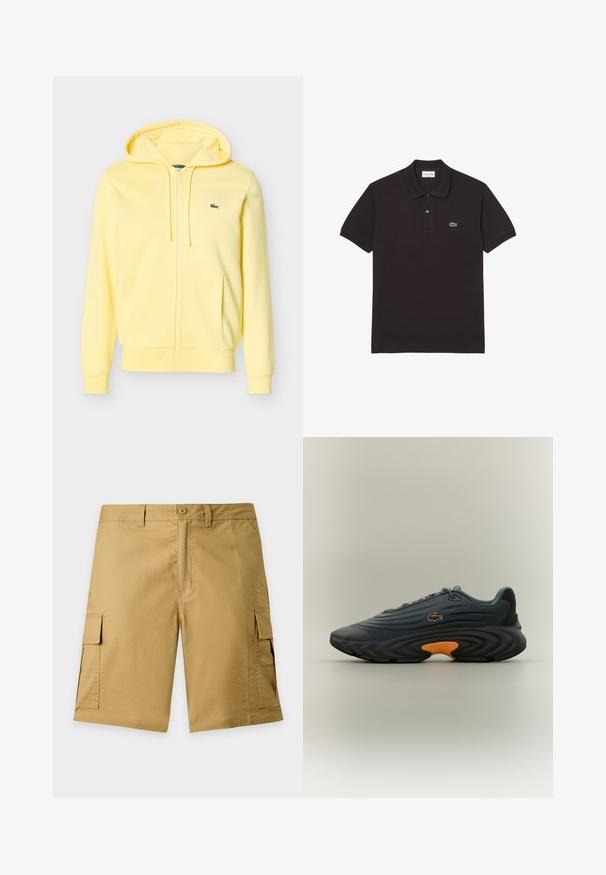 Hellgelber Kapuzenpullover mit Reißverschluss, Kordelzügen, Vordertaschen, gerippten Bündchen und einem kleinen grünen Krokodil-Logo auf der Brust.; Schwarzes Polohemd aus Baumwollstoff, kurzärmlig, mit Drei-Knopf-Leiste, klassischem Kragen und kleinem grünem Krokodil-Logo auf der Brust.; Khakifarbene Cargo-Shorts mit Knopf vorne, Gürtelschlaufen, seitlichen Klappentaschen und dezentem Markenlogo auf der rechten Beintasche.; Lacoste Sneakers in Dunkelgrau mit strukturiertem Obermaterial, hervorgehobener gebogener schwarzer Sohle und leuchtend orangefarbenem Akzent an der Ferse. Schnürdesign mit Logo.