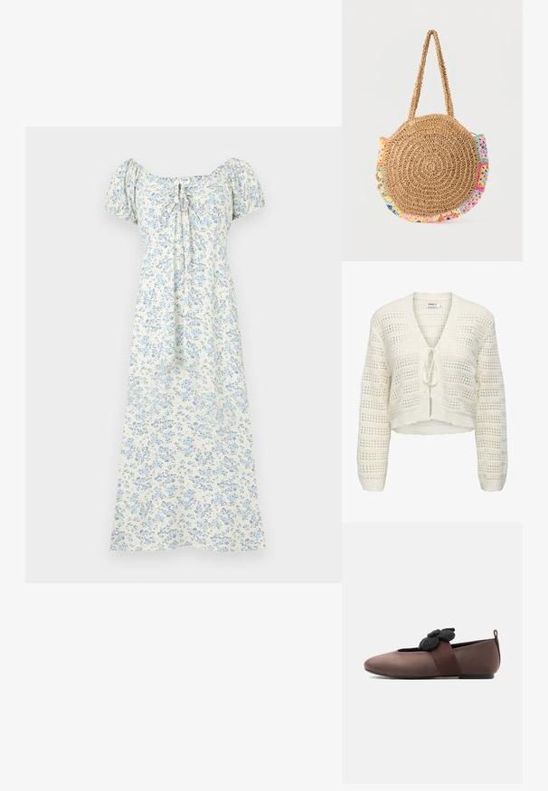 White cropped knit cardigan featuring a v-neck, tie closure, and openwork design with horizontal and vertical stripes, textured edges.; White midi dress with light blue floral print, short puff sleeves, gathered neckline, and front tie detail.; Brown flat shoe with rounded toe, black elastic strap decorated with a black felt flower, and a small heel tab.; Round woven straw handbag with a short strap and multicolored crocheted accents around the edges.