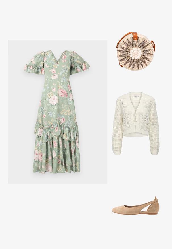 Cardigan en tricot blanc cropped avec un col en V, fermeture par lien et un design ajouré avec des rayures horizontales et verticales, bords texturés.; Robe maxi florale en vert doux avec un décolleté en V, des manches bouffantes, des accents en volants et un ourlet à plusieurs niveaux. Présente des roses roses et de petites fleurs bleues.; Ballerines en daim beige avec un bout pointu, un design à côtés découpés et un petit talon. Texture lisse et style minimaliste.; Sac en paille tressé rond avec une sangle en cuir beige, présentant un motif de coquillage décoratif au centre et des coquillages allongés rayonnant vers l'extérieur.