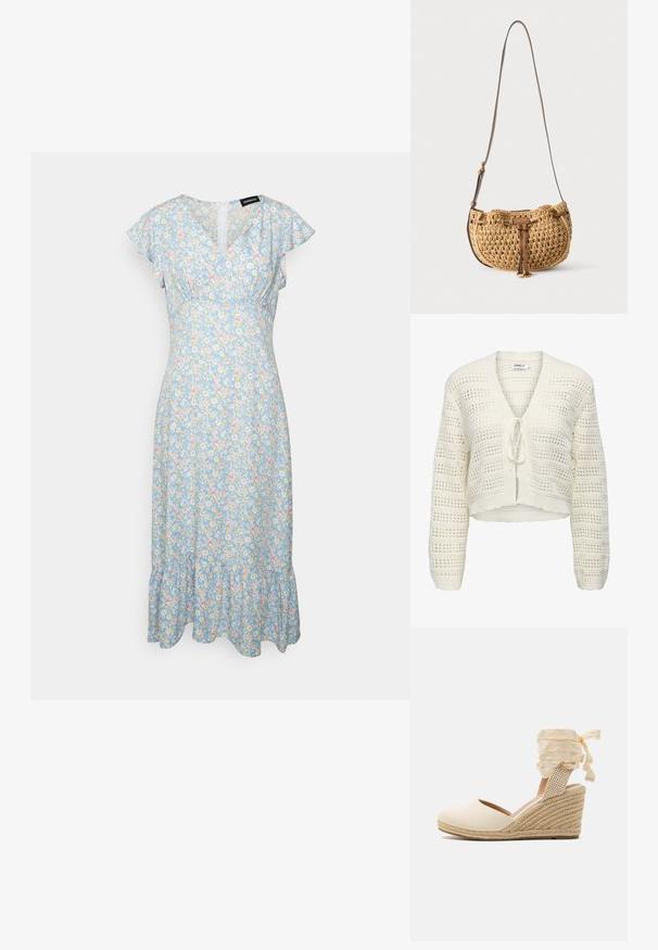 Hvid, kort strikket cardigan med v-hals, båndlukning og åbenvævning med vandrette og lodrette striber samt teksturerede kanter.; Even&Odd by Zalando Hverdagskjole - light blue/pink; Beige espadrille kile med overdel i kanvas, åben tå og bløde båndsnore. Teksturiseret jutekile med et fletmønster.; Lille tanfarvet vævet skuldertaske med justerbar brun læderstrop og læderdetalje foran hængende mod hvid baggrund.