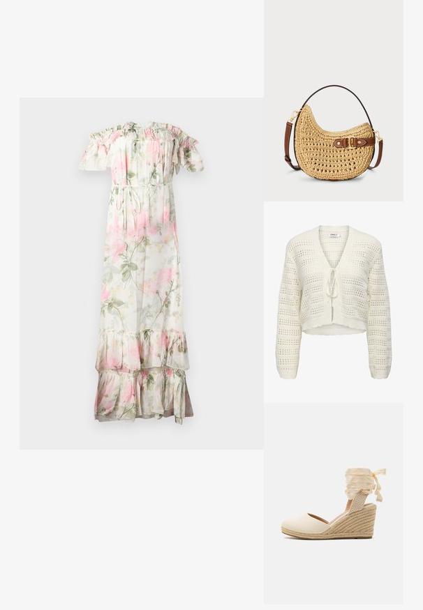 Cardigan en tricot blanc cropped avec un col en V, fermeture par lien et un design ajouré avec des rayures horizontales et verticales, bords texturés.; Robe maxi florale avec volants dénudés sur les épaules. Fabriquée en tissu léger, elle présente des fleurs roses et vertes, une taille à cordon de serrage et un ourlet en étages.; Escarpin compensé beige avec tige en toile, bout ouvert et lacets en ruban doux. Compensé en jute texturé avec un motif tressé.; Sac hobo en paille tissée avec une forme courbée, une sangle en cuir marron avec une boucle et une couleur beige naturel. Surface texturée avec des coutures visibles.