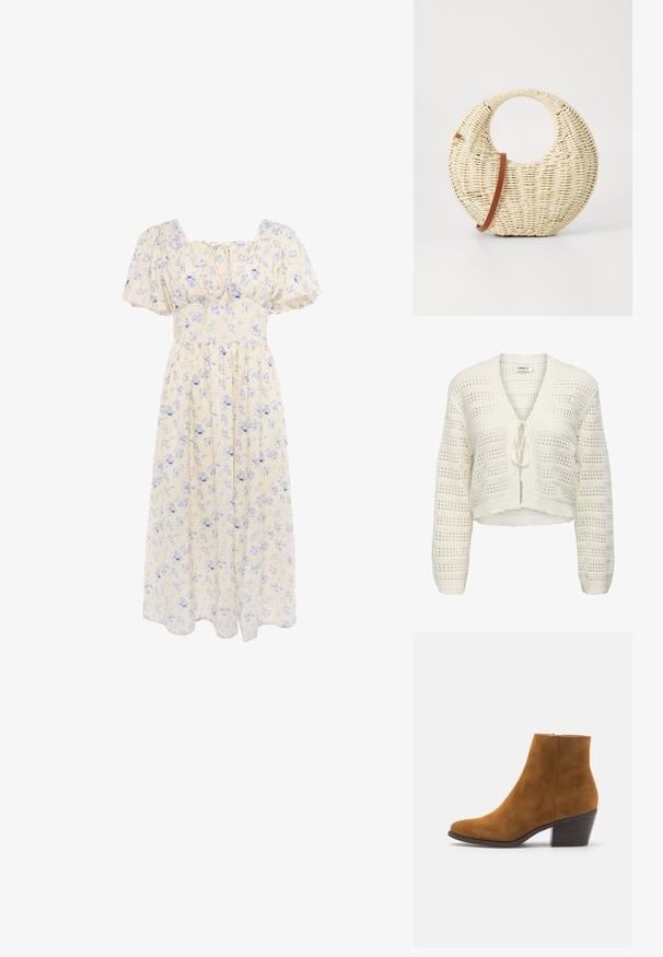 Hvid, kort strikket cardigan med v-hals, båndlukning og åbenvævning med vandrette og lodrette striber samt teksturerede kanter.; Lysegul midi-kjole med blåt blomsterprint, puffede ærmer, firkantet halsudskæring og bindedetalje ved brystet.; Brune ruskind ankelstøvle med spids tå og stablet hæl. Glat tekstur med lynlås i siden til lukning. Klassisk design og form.; Rund flettet taske i naturligt strå med en tekstureret overflade. Har en glat brun læderrem og et cirkulært håndtag.