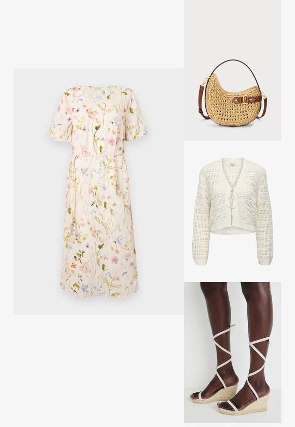 Hvid, kort strikket cardigan med v-hals, båndlukning og åbenvævning med vandrette og lodrette striber samt teksturerede kanter.; Blomstret kjole med korte ærmer, lys beige stof med flerfarvede blomster mønstre, taljebind, knælangt design.; Kile sandal med en tekstureret espadrille sål, beige stropper der krydser omkring anklen, åben tå design, glat læderlignende materiale.; Vævet halmmulesæk med en buet form, brunt læderstrop med spænde og en naturlig tan farve. Tekstureret overflade med synlige sting.