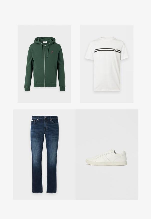 Donkergroene hoodie met ritssluiting, voorzakken, koordsluiting in de capuchon en een klein rood vogel-logo op de linkerborst.; Wit T-shirt met korte mouwen met twee horizontale zwarte strepen over de borst en een klein letter "P" logo aan de rechterkant.; Donkerblauwe denim jeans met een rechte pasvorm, voorzien van een klassiek vijf-pocketontwerp, koperen details en subtiele vervagingselementen.; Laag uitgesneden witte leren sneaker met vetersluiting en platte rubberen zool, gezien van de binnenkant op een effen achtergrond.