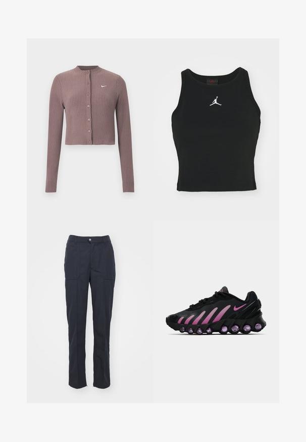 Ribbet, langærmet croptop i afdæmpet mauve med rund halsudskæring og knapper foran. Har et diskret hvidt Nike-logo på brystet.; Sort tætsiddende tanktop lavet af bomuld, med rund udskæring og et hvidt Jordan-logo syet på fronten i midten. Glat tekstur.; Mørkeblå bukser med lige pasform, som har to forlommer, en knaplukning og en glat stofstruktur.; Sorte og lyserøde Nike sneakers med en mesh-overdel, buet design og rund lilla dæmpning i sålen og på siderne.