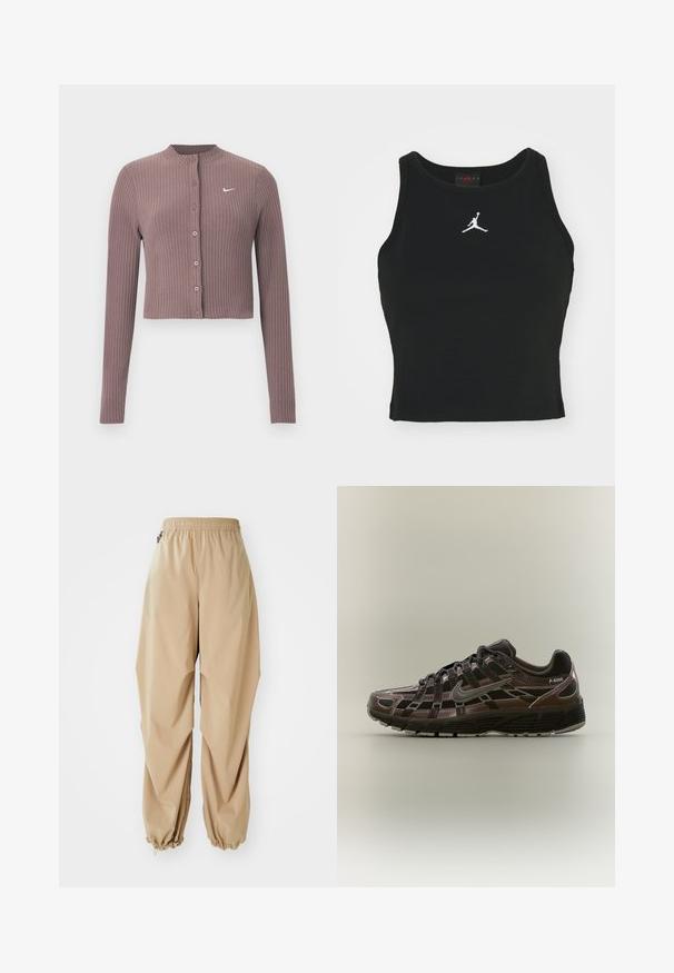 Ribbet, langærmet croptop i afdæmpet mauve med rund halsudskæring og knapper foran. Har et diskret hvidt Nike-logo på brystet.; Sort tætsiddende tanktop lavet af bomuld, med rund udskæring og et hvidt Jordan-logo syet på fronten i midten. Glat tekstur.; Beige letvægtsbukser med elastisk talje, tapered manchetter og en glat tekstur, der har en afslappet pasform og ingen synlige mønstre eller udsmykninger.; Mørkebrun og sort Nike P-6000 sneaker med mesh og syntetisk overdel, sort sål og refleksivt swoosh-logo på siden.
