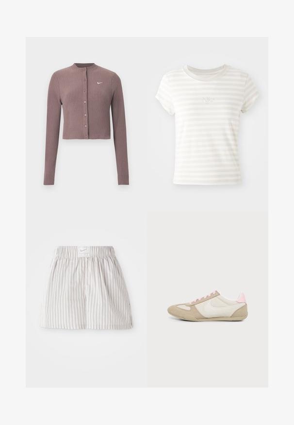 Ribitudega, pika varrukaga lühike top tuhmis mauves toonis, ümar kaelus ja ees nupud. Rinnal on diskreetne valge Nike logo.; Valge triibuline lühikese varrukaga t-särk, mis on valmistatud pehmest puuvillast. Omab ümarat kaelust ja väikest broderitud Nike logo rinnal.; Heledad hallide triibulised lühikesed püksid, mis on valmistatud pehmest kangast. Omavad elastset vöökohta, mille keskel on Nike logo silt.; Beež ja valge toss, millel on roosad paelad ja kannadetailid, küljes valge Nike Swoosh logo, näidatud seestpoolt.