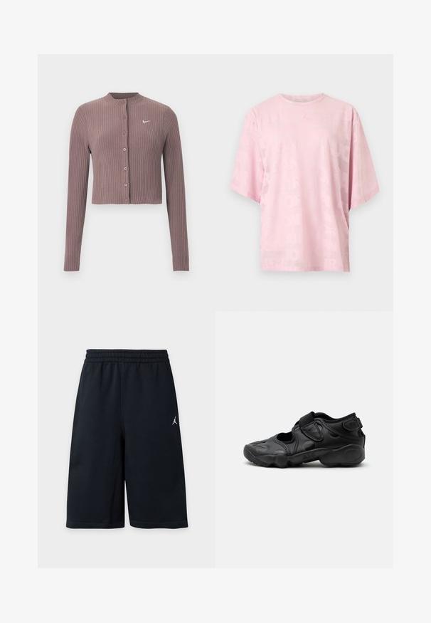 Haut court à manches longues côtelé de couleur mauve douce, avec un col rond et des boutons à l'avant. Présente un logo Nike blanc discret sur la poitrine.; T-shirt rose clair à manches courtes et col rond avec un motif de texte embossé subtil sur l'ensemble du tissu et un petit logo en relief au centre de la poitrine.; Shorts de sport noirs longueur genou avec ceinture élastique et petit logo Jumpman blanc sur la jambe gauche sur fond uni.; Sandale de sport noire avec bout fermé, brides Velcro au médio-pied et au talon, et semelle épaisse et rembourrée marquée "AIR" sur le côté.