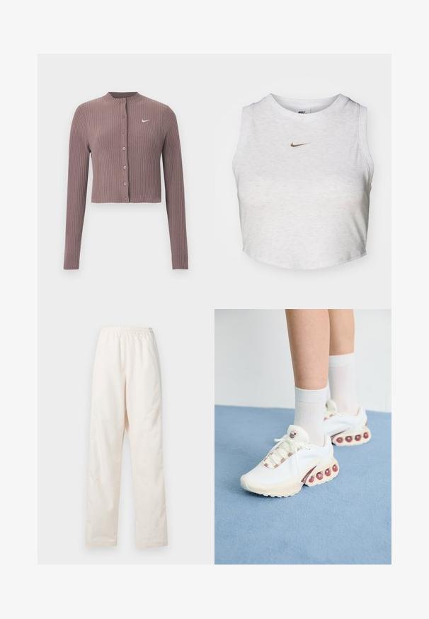 Top corto de manga larga acanalado en tono malva apagado con escote redondo y botones delanteros. Cuenta con un discreto logo blanco de Nike en el pecho.; Top corto blanco hecho de una tela suave y texturizada. Presenta un cuello redondo y un diseño sin mangas, con un pequeño logotipo dorado de Nike en la parte delantera.; Pantalones de color crema con cintura elástica y corte de pierna recta, de ajuste suelto, exhibidos sobre un fondo blanco liso.; Zapatillas deportivas blancas con un upper texturizado, que presentan un acento rosa en los cordones y grandes burbujas de aire en la suela.