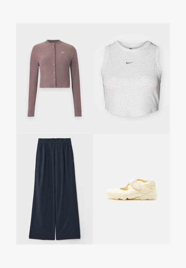 Geripptes Crop-Top mit langen Ärmeln in gedämpftem Mauve, mit rundem Ausschnitt und Knöpfen vorne. Verfügt über ein dezentes weißes Nike-Logo auf der Brust.; Weißes Crop-Top aus weichem, strukturiertem Stoff. Verfügt über einen runden Ausschnitt und einen ärmellosen Schnitt mit einem kleinen goldenen Nike-Logo auf der Vorderseite.; Dunkelblaue weit geschnittene Hose aus weichem Stoff; mit elastischem Bund und zwei seitlichen Taschen für zusätzlichen Komfort.; Beiger Sportschuh mit dicker Sohle, Cut-out-Design und zwei verstellbaren Klettverschlüssen auf weißem Hintergrund.