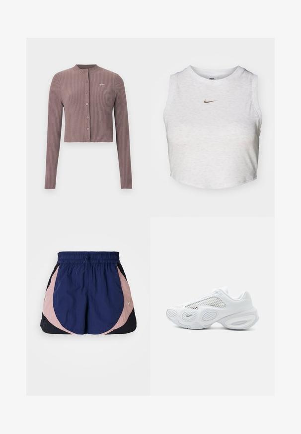 Geribbelde crop top met lange mouwen in gedempt mauve met een ronde halslijn en knopen aan de voorkant. Voorzien van een discreet wit Nike-logo op de borst.; Witte crop top van zacht, textuurachtig stof. Heeft een ronde hals en een mouwloos ontwerp met een klein gouden Nike-logo aan de voorkant.; Nike sportshorts met een elastische tailleband, voorzien van marineblauwe, roze en zwarte panelen. Gemaakt van lichtgewicht, textuurstof.; Witte sportsneaker met meshpanelen, afgerond zoolontwerp en klein Nike-logo bij de teen op een effen lichte achtergrond.
