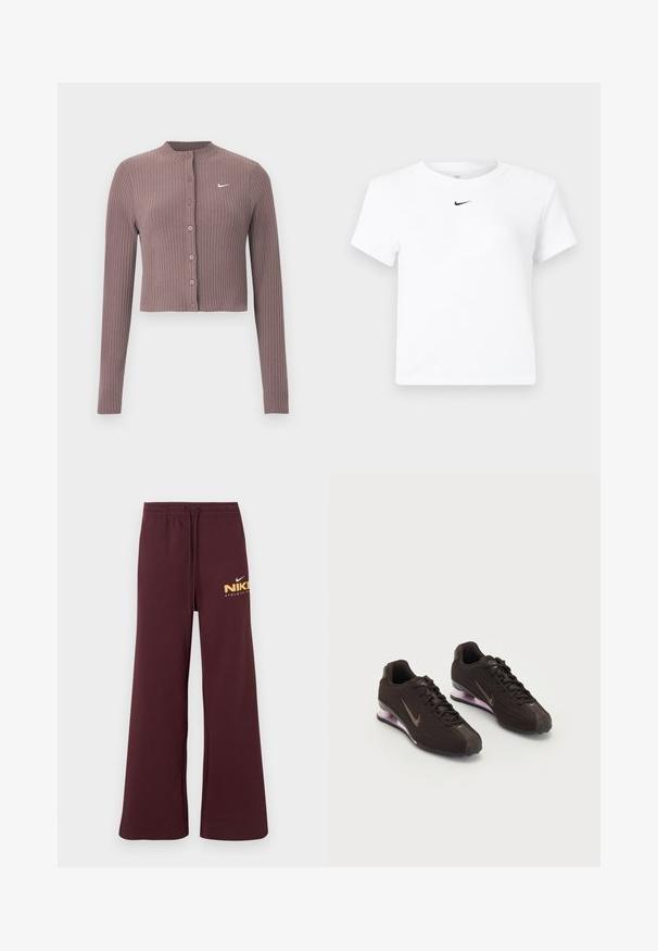 Ribbet, langærmet croptop i afdæmpet mauve med rund halsudskæring og knapper foran. Har et diskret hvidt Nike-logo på brystet.; Hvid Nike cropped T-shirt med korte ærmer og en lille sort Nike swoosh-logo centreret under nakkekanten.; Vinrøde sweatpants med vide ben og snøre i taljen, med lille hvid og gul Nike-logo samt teksten "Athletic Club" på højre lår.; Sorte atletiksko med en tekstureret overdel, brune detaljer og en lilla luftfyldt sål. Snørebåndsdesign med fremtrædende branding.