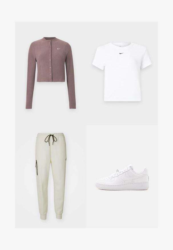 Ribbet, langærmet croptop i afdæmpet mauve med rund halsudskæring og knapper foran. Har et diskret hvidt Nike-logo på brystet.; Hvid Nike cropped T-shirt med korte ærmer og en lille sort Nike swoosh-logo centreret under nakkekanten.; Cremefarvede joggerbukser med elastisk talje, justerbar snor, sidelommer og en lynlåslomme på venstre lår.; Lavtop hvid sneaker med perforeret tå, snørelukning, tekstureret sål og et diskret swoosh-logo på siden.