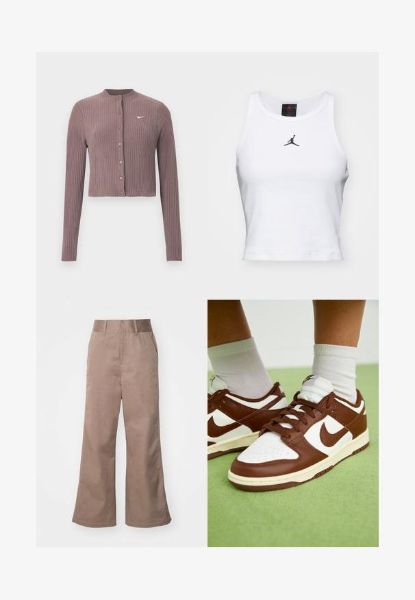 Geribbelde crop top met lange mouwen in gedempt mauve met een ronde halslijn en knopen aan de voorkant. Voorzien van een discreet wit Nike-logo op de borst.; Witte crop tanktop van katoen met een ribbeltextuur. Beschikt over een zwart Jordan-logo in het midden en een klassieke ronde hals.; Bruine katoenen wijde broek met hoge taille, zijzakken en een soepele textuur. De zoom is licht uitlopend.; Bruine en witte leren sneakers met perforaties bij de teen, getextureerde accenten en platte veters. Het model heeft een lage schacht en een rubberen zool.