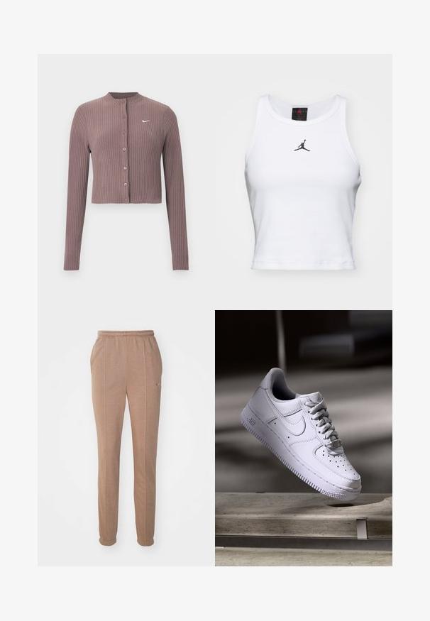 Top corto de manga larga acanalado en tono malva apagado con escote redondo y botones delanteros. Cuenta con un discreto logo blanco de Nike en el pecho.; Top corto blanco de algodón con textura acanalada. Cuenta con un logo negro de Jordan en el centro y un clásico escote redondo.; Pantalones deportivos marrones con una cinturilla elástica, bolsillos laterales, piernas ajustadas y un sutil logotipo de Nike. Fabricados en un material suave y texturizado.; Zapatilla Nike Air Force 1 blanca levitando sobre una superficie de hormigón con sombras en un entorno minimalista.