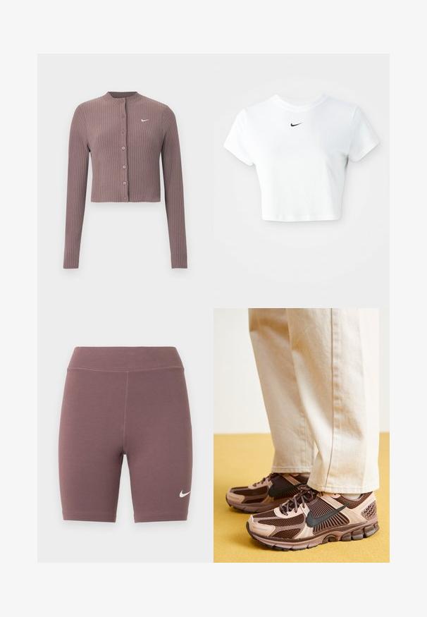 Geripptes Crop-Top mit langen Ärmeln in gedämpftem Mauve, mit rundem Ausschnitt und Knöpfen vorne. Verfügt über ein dezentes weißes Nike-Logo auf der Brust.; Weißes, kurz geschnittenes T-Shirt aus Baumwolle mit kurzen Ärmeln und rundem Ausschnitt, versehen mit einem schwarzen Nike-Logo auf der Brust.; Biker-Shorts in einem gedämpften Mauve-Ton, aus dehnbarem Stoff gefertigt. Verfügen über einen hohen Bund und ein kleines weißes Nike-Swoosh-Logo.; Nike-Sneaker sind aus einer Mischung aus braunem und hellrosa Netz- und Gummi-Material gefertigt, mit schwarzen Akzenten und einer strukturierten Sohle, kombiniert mit beigen Hosen.