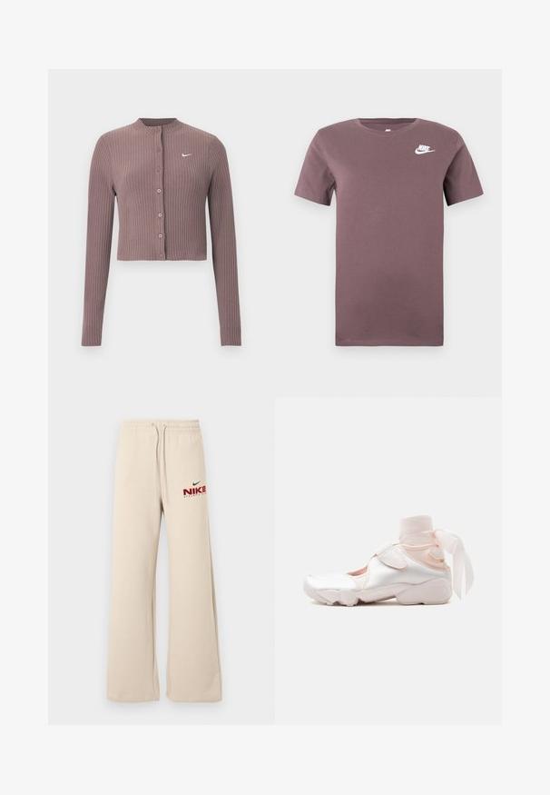 Geribbelde crop top met lange mouwen in gedempt mauve met een ronde halslijn en knopen aan de voorkant. Voorzien van een discreet wit Nike-logo op de borst.; Paarse Nike t-shirt met korte mouwen en ronde hals, met een wit Nike-logo op de linkerkant van de borst, tegen een effen achtergrond.; Losse beige sweatpants met elastische tailleband en trekkoorden, met daarop het rode en zwarte Nike Athletic Club-logo op de linker dij.; Witte en lichtroze sneaker met zachte stoffen enkelwikkeling gestrikt in een strik, met verstelbare riem en afgeronde zool.