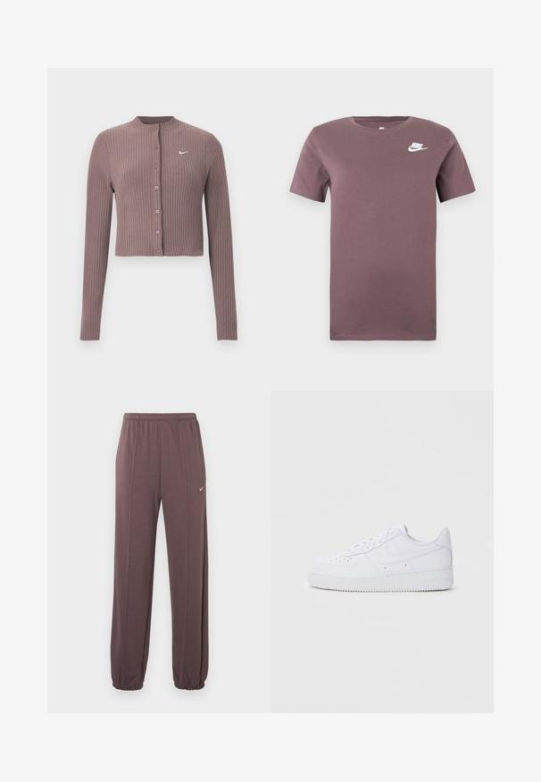 Ribbet, langærmet croptop i afdæmpet mauve med rund halsudskæring og knapper foran. Har et diskret hvidt Nike-logo på brystet.; Lilla Nike kortærmet crew neck t-shirt med hvidt Nike-logo på venstre bryst mod en ensfarvet baggrund.; Brune sweatpants med elastisk talje, sidelommer, elastiske manchetter og et lille hvidt Nike-logo på den øverste venstre lår.; Hvide Nike Air Force 1 sneakers med læderoverdel, rund tå, snørelukning, polstret krave og struktureret gummisål.