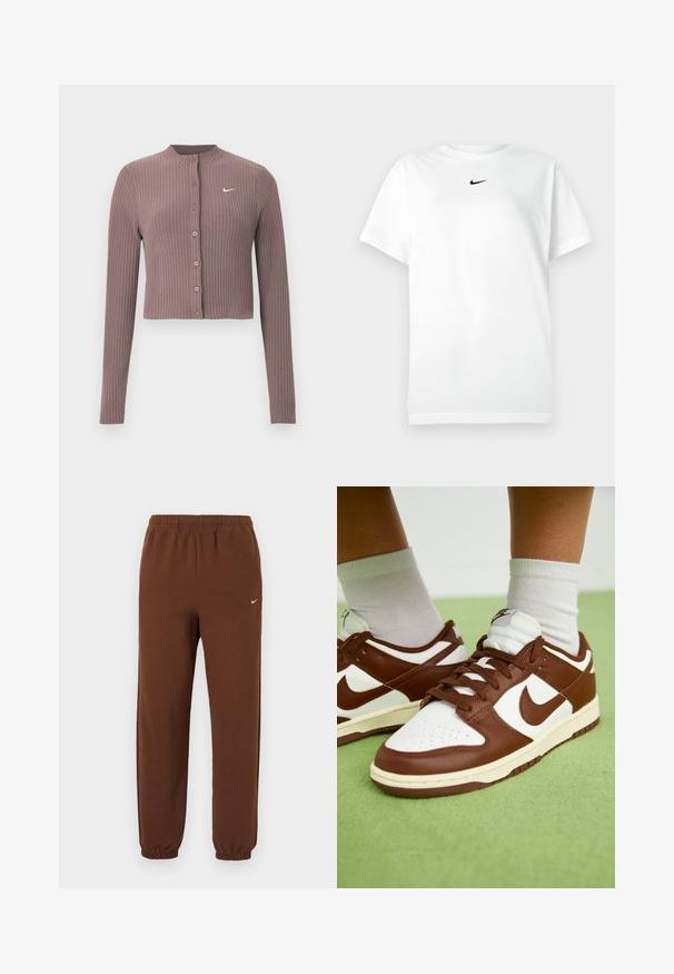 Rebrovaný crop top s dlhými rukávmi v tlmenej fialovej farbe, s okrúhlym výstrihom a prednými gombíkmi. Na hrudi má nenápadné biele logo Nike.; Biele tričko s krátkym rukávom a okrúhlym výstrihom, na ktorom je malé čierne logo Nike swoosh umiestnené tesne pod výstrihom.; Hnedé Nike tepláky s elastickým pásom a manžetami, s malým bielym logom Nike na hornej ľavej nohe.; Hnedé a biele kožené tenisky s perforovanou špičkou, textúrovanými akcentmi a plochými šnúrkami. Model má nízkoprofilový dizajn a gumovú podrážku.