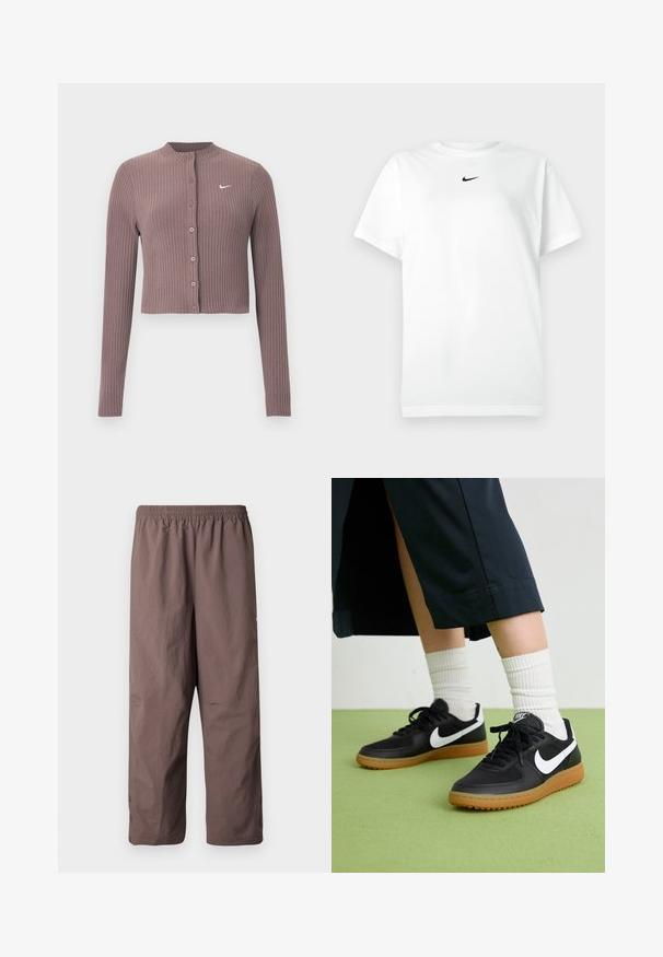 Ribbet, langærmet croptop i afdæmpet mauve med rund halsudskæring og knapper foran. Har et diskret hvidt Nike-logo på brystet.; Hvid kortærmet T-shirt med rund hals, prydet med et lille sort Nike swoosh-logo centreret under halsudskæringen.; Brune, lette bukser med elastisk taljebånd, forkortet længde og manchetter med knapper. Glat tekstur med minimale designdetaljer.; Sorte læder- og syntetiske sneakers med hvid Nike swoosh, gummisål, rund tå og sorte snørebånd. Ribbede hvide sokker synlige.