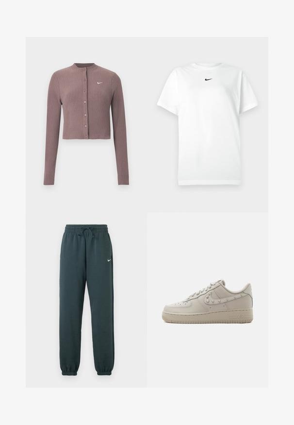 Top corto de manga larga acanalado en tono malva apagado con escote redondo y botones delanteros. Cuenta con un discreto logo blanco de Nike en el pecho.; Camiseta de manga corta blanca con cuello redondo y pequeño logo de Nike en negro centrado debajo del escote.; Pantalones jogger de Nike en verde oscuro, fabricados con un tejido suave, cuentan con una cintura elástica con cordón ajustable y dobladillos ajustados.; Zapatilla baja de cuero beige con tachuelas en el logo de Nike swoosh, puntera perforada y suela gruesa de goma con la marca "AIR" en el lateral.