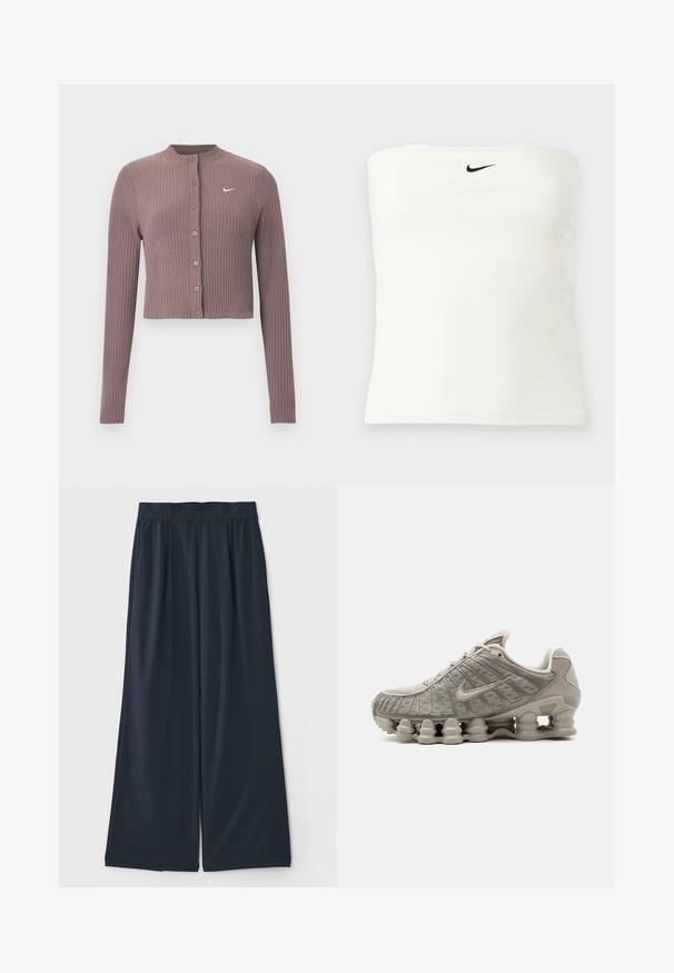 Geribbelde crop top met lange mouwen in gedempt mauve met een ronde halslijn en knopen aan de voorkant. Voorzien van een discreet wit Nike-logo op de borst.; Witte strapless Nike tube top met zwart swoosh-logo centraal geplaatst nabij de bovenrand, weergegeven op een effen lichte achtergrond.; Donkerblauwe wijde broek van zacht materiaal; heeft een elastische tailleband en twee zijzakken voor extra gemak.; Lichtbeige Nike Shox sneaker met zichtbare zuilachtige dempende zool en mesh details op het bovenwerk.