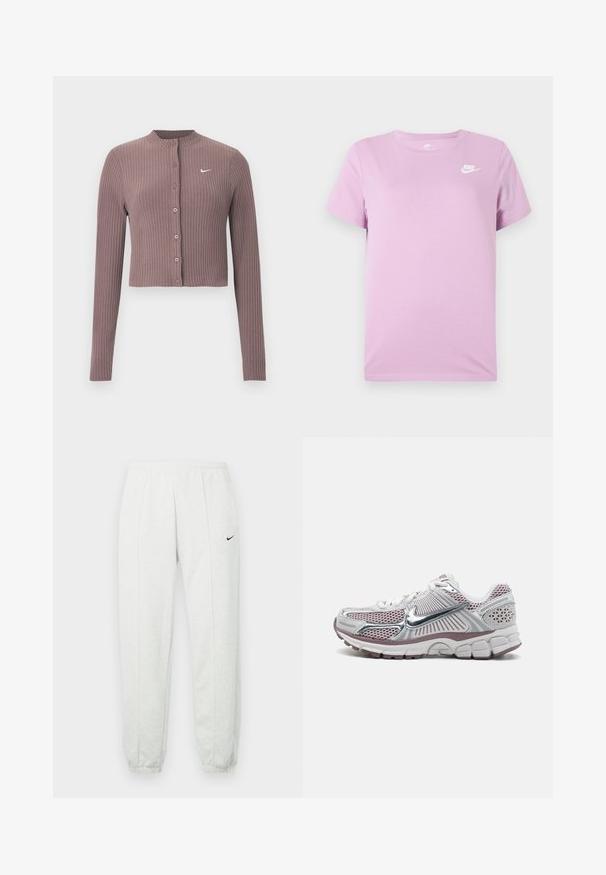 Geribbelde crop top met lange mouwen in gedempt mauve met een ronde halslijn en knopen aan de voorkant. Voorzien van een discreet wit Nike-logo op de borst.; Lila Nike T-shirt met korte mouwen en wit Nike-logo op de bovenste linkerborst, ronde halslijn en een effen stoffen achtergrond.; Lichtgrijze Nike joggingbroek met een elastische tailleband, taps toelopende boorden en een klein zwart logo op de linker dij. Zachte, gestructureerde stof.; Nike sportieve schoen met een witte mesh bovenkant, zilveren accenten, roze details en een dikke, gevoerde, gestructureerde zool.