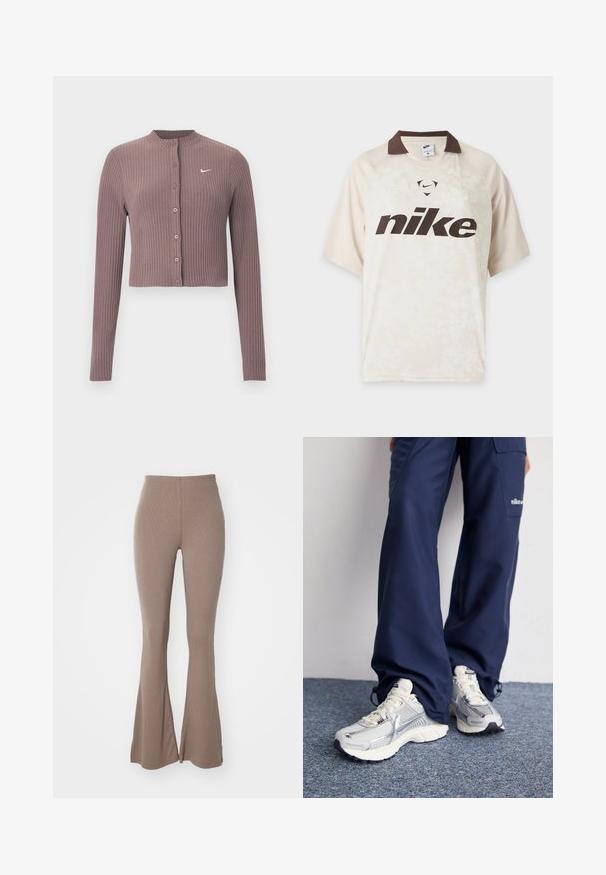 Rebrovaný crop top s dlhými rukávmi v tlmenej fialovej farbe, s okrúhlym výstrihom a prednými gombíkmi. Na hrudi má nenápadné biele logo Nike.; Svetlo béžové tričko s krátkym rukávom značky Nike s tmavohnedým golierom a veľkým tmavohnedým logom Nike na prednej strane.; Hnedé rozšírené legíny vyrobené z mäkkej rebrovanej tkaniny. Dizajn obsahuje vysoký pás a šev po prednej strane každej nohy.; Športové topánky Nike s strieborným sieťovaným zvrškom, bielymi detailmi a textúrovanými podrážkami, skombinované s voľnými námorníckymi nohavicami.