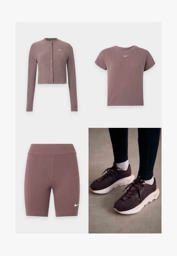 Rebrovaný crop top s dlhými rukávmi v tlmenej fialovej farbe, s okrúhlym výstrihom a prednými gombíkmi. Na hrudi má nenápadné biele logo Nike.; Mauve rebrovaný krátky rukáv croptop s okrúhlym výstrihom a malým bielym logom Nike umiestneným pod výstrihom.; Biker šortky v tlmenej fialovej farbe, vyrobené z elastickej látky. Majú vysoký pás a malý biely logo Nike swoosh.; Vínové športové topánky s textúrovaným pleteným zvrškom, bielou podrážkou a čiernym logom Nike. Majú okrúhle šnúrky a vzorované slučky na šnúrky.