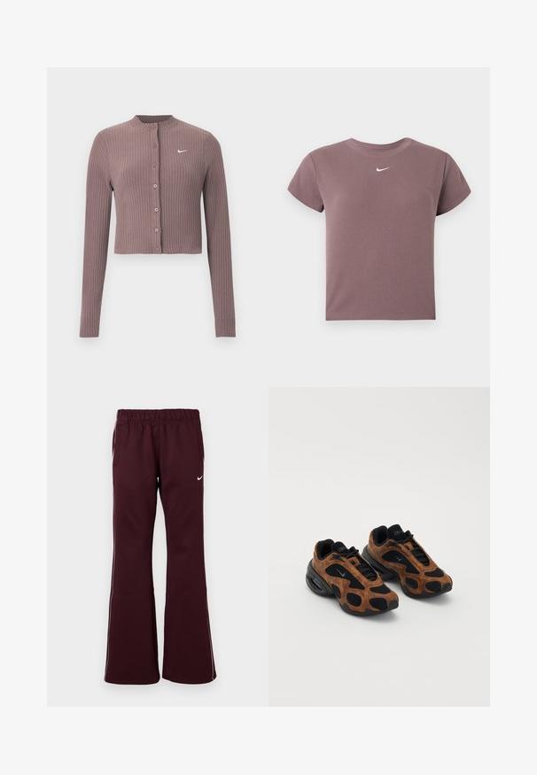 Geripptes Crop-Top mit langen Ärmeln in gedämpftem Mauve, mit rundem Ausschnitt und Knöpfen vorne. Verfügt über ein dezentes weißes Nike-Logo auf der Brust.; Mauve geripptes Kurzarm-Crop-Top mit Rundhalsausschnitt und kleinem weißen Nike-Logo zentriert unter dem Ausschnitt.; Bordeauxfarbene Sporthosen mit ausgestelltem Schnitt, elastischem Bund und seitlichen Taschen. Mit weißen Paspeln und einem kleinen Logo auf der Vorderseite.; Braune Wildledersneaker mit schwarzem Mesh in runder Form, ausgestattet mit auffälligen Ausschnitten und einer dicken schwarzen Sohle.