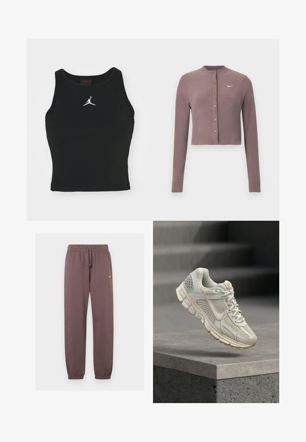 Rebrovaný crop top s dlhými rukávmi v tlmenej fialovej farbe, s okrúhlym výstrihom a prednými gombíkmi. Na hrudi má nenápadné biele logo Nike.; Čierny priliehavý tielko vyrobené z bavlny, s okrúhlym výstrihom a bielym logom Jordan vyšitým na prednej časti. Hladká textúra.; Hnedé Nike tepláky s elastickým pásom, šnúrkou na stiahnutie, manžetami na členkoch a malým bielym logom Nike na hornej ľavej nohe.; Svetlo béžová bežecká topánka s sieťovaným zvrškom, mäkkým podšívkou, gumovou podrážkou a hnedými akcentmi. Má výrazné bočné logo v tvare šípky a textúrované panely.
