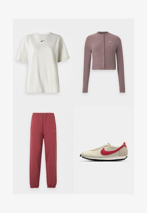 Geribbelde crop top met lange mouwen in gedempt mauve met een ronde halslijn en knopen aan de voorkant. Voorzien van een discreet wit Nike-logo op de borst.; Witte katoenen t-shirt met een ronde halslijn en korte mouwen. Heeft een klein zwart Nike-logo op de borst. Eenvoudig en onopgesmukt ontwerp.; Bordeaux elastische joggerbroek met klein wit Nike-logo op de rechterdij.; Beige canvas sneaker met rode leren swoosh, gestructureerde zool en witte tussenzool. Voorzien van traditionele veters en een versterkte hielcounter.