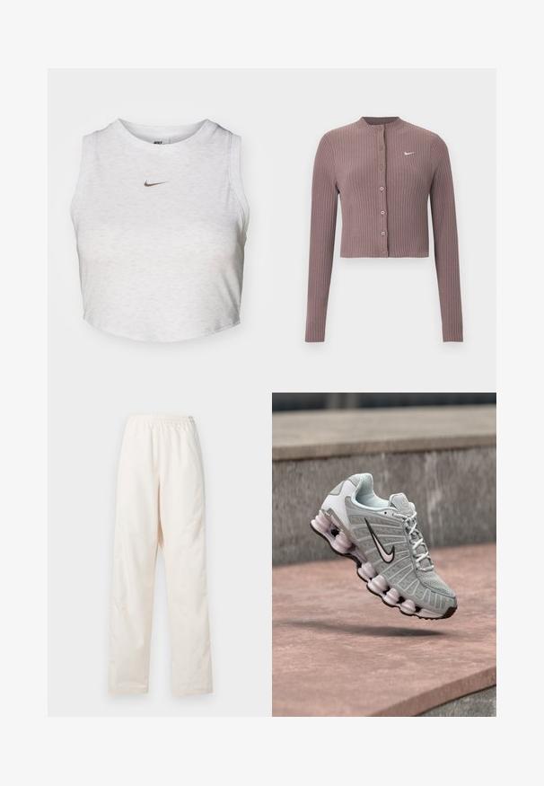 Ribbet, langærmet croptop i afdæmpet mauve med rund halsudskæring og knapper foran. Har et diskret hvidt Nike-logo på brystet.; Hvid crop top lavet af blødt, tekstureret stof. Har en rund hals og uden ærmer med et lille guld Nike-logo på forsiden.; Løse, cremefarvede bukser med elastisk talje og lige ben, vist mod en ensfarvet hvid baggrund.; Lysegrå Nike-sneaker med sort swoosh-logo, hvide snørebånd og karakteristisk forårsagtig sål, vist svævende over en stensurface.