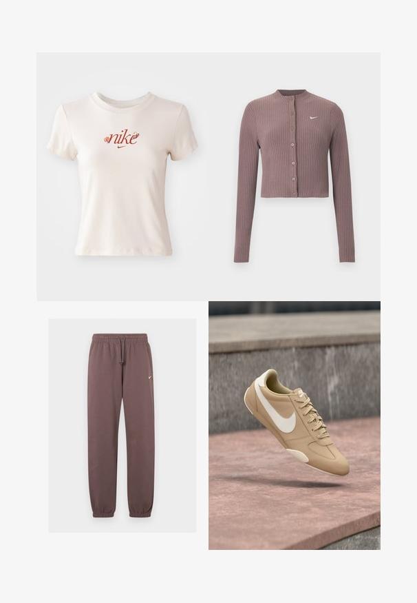 Top corto de manga larga acanalado en tono malva apagado con escote redondo y botones delanteros. Cuenta con un discreto logo blanco de Nike en el pecho.; Camiseta de manga corta beige de algodón, con un logo rojo de "nike" adornado con acentos florales y un cuello redondo.; Pantalones deportivos marrones de Nike con cinturilla elástica, cordón ajustable, tobillos acampanados y pequeño logo blanco de Nike en la parte superior de la pierna izquierda.; Zapatilla Nike beige con el logotipo y los cordones blancos, en el aire sobre una superficie de hormigón con escalones de fondo.