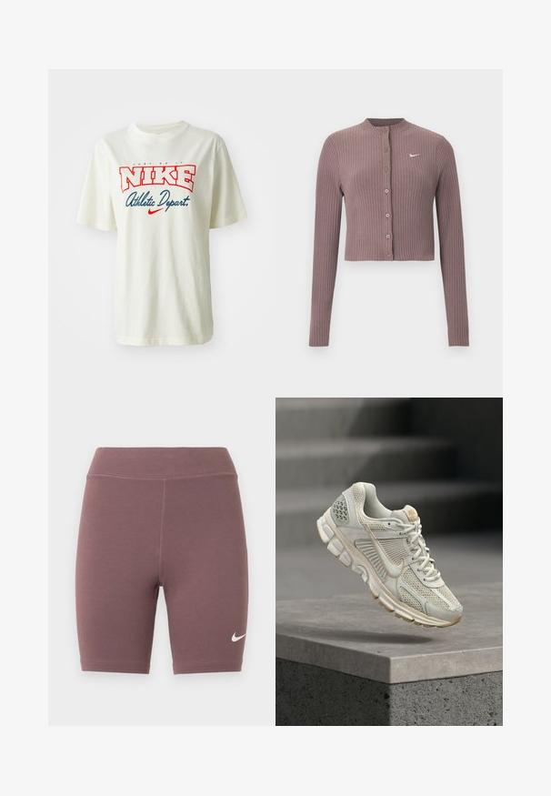 Rebrovaný crop top s dlhými rukávmi v tlmenej fialovej farbe, s okrúhlym výstrihom a prednými gombíkmi. Na hrudi má nenápadné biele logo Nike.; Biele bavlnené tričko s červeným a modrým logom "NIKE", s textom "Just Do It" nad ním a "Athletic Depart." pod ním, krátke rukávy, okrúhly výstrih.; Biker šortky v tlmenej fialovej farbe, vyrobené z elastickej látky. Majú vysoký pás a malý biely logo Nike swoosh.; Svetlo béžová bežecká topánka s sieťovaným zvrškom, mäkkým podšívkou, gumovou podrážkou a hnedými akcentmi. Má výrazné bočné logo v tvare šípky a textúrované panely.