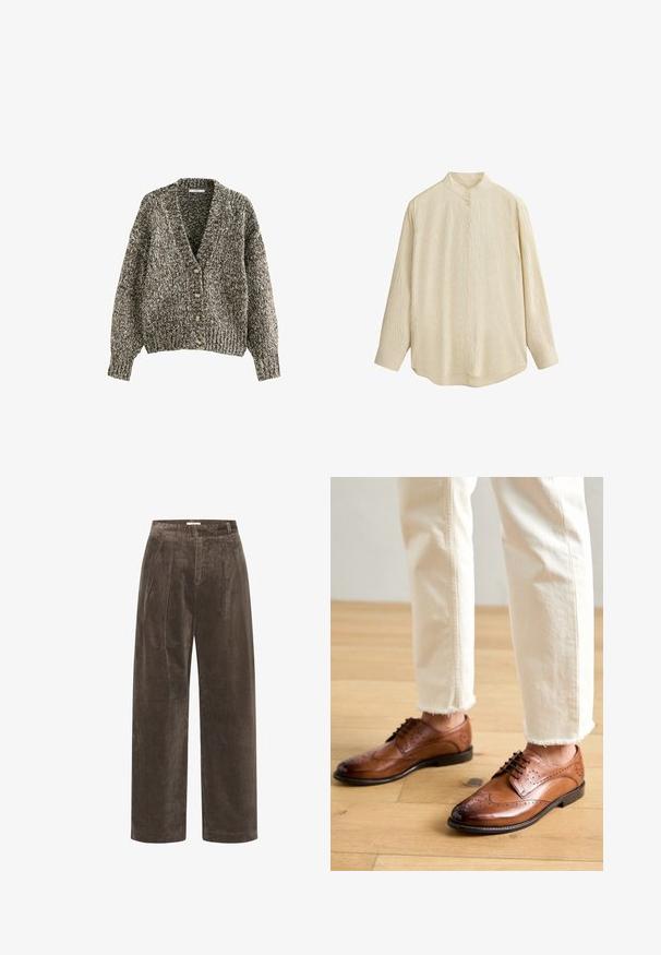 Brun og hvid meleret chunky strikket cardigan med V-hals, lange ærmer, ribkantede manchetter og fire knapper fortil.; Beige langærmet skjorte med knapper, med et subtilt vertikalt stribemønster og en kort ståkrave.; Brune corduroy brede benbukser med folder, der har en blød tekstur og en mellemhøj talje. Kantafslutningerne er rene og lige.; Brune læder brogue sko med perforerede detaljer, rund tå og en glat overflade, parret med cremede bukser med frynset kant.