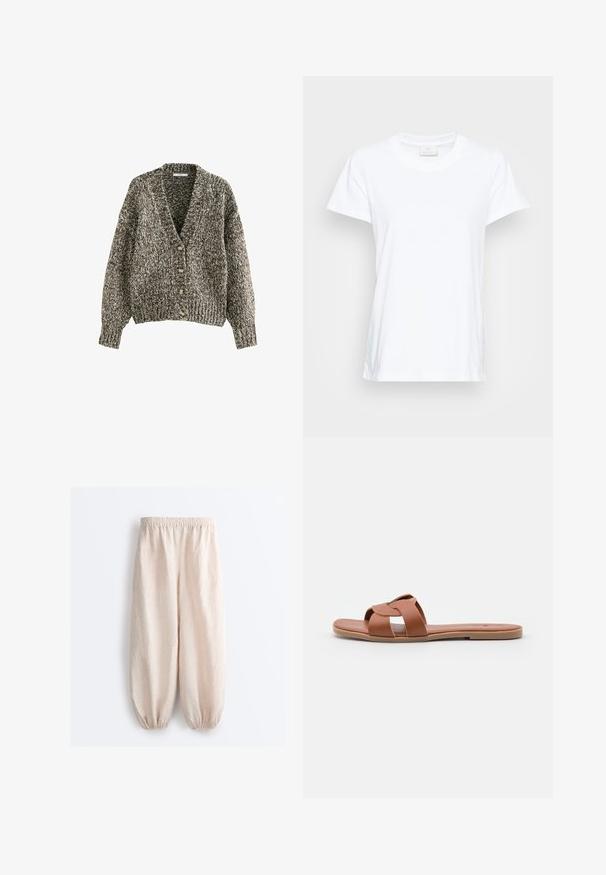 Cardigan chunky en tricot marbré marron et blanc avec un col en V, des manches longues, des poignets côtelés et quatre boutons sur le devant.; T-shirt blanc à manches courtes en coton doux. Il présente un col rond et une coupe légèrement ample avec des fentes sur les côtés pour un confort accru.; Pantalon large beige clair avec taille élastique et poignets élastiques froncés, en tissu côtelé.; Sandales plates marron en cuir lisse avec un design à brides croisées, dotées d'une semelle plate et d'un style minimaliste.
